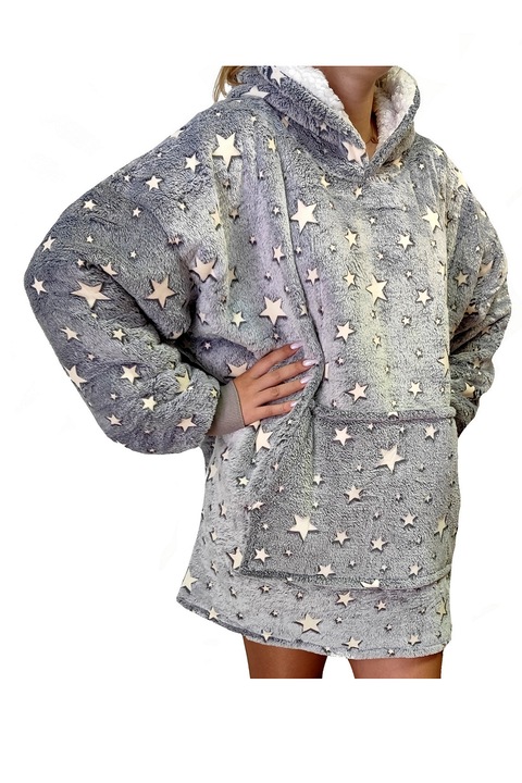 Patura cu maneci si gluga Anagre ®, cu buzunar frontal, captusit, plusat, ultra usor si calduros, poliester, mov lila, marime universala Model Stelute, Fosforescent