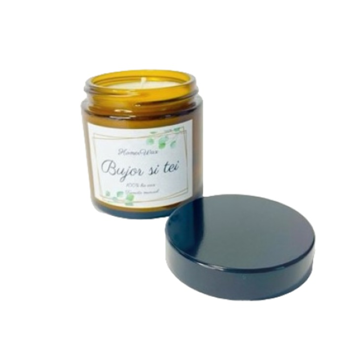Ароматизирана свещ от натурален соев восък, буркан от кехлибар, ръчна изработка, аромат на божур и лайм, 110 гр.
