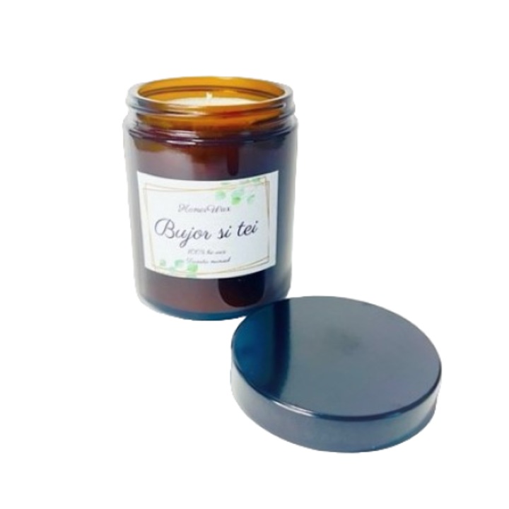 Lumanare parfumata din ceara naturala de soia, borcan ambra, handmade, aroma Bujor si tei, 170 g