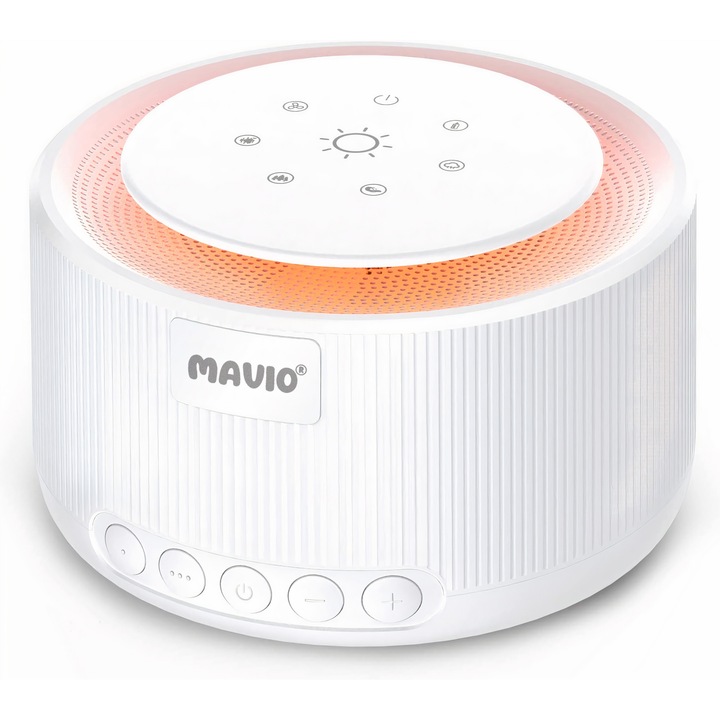 Dispozitiv Sunete Albe Mavio®, pentru Copii si Adulti, Portabil, Lumina de Veghe Calda, Temporizator, 30 de Melodii, Functie de Memorare, USB Type-C, Control Tactil, Alb