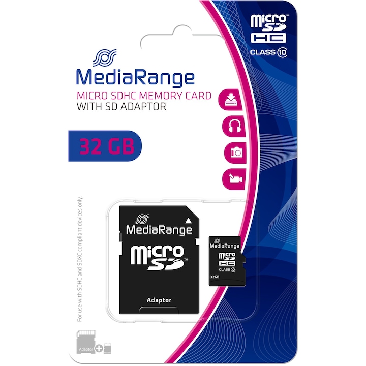 Карта памет Micro SDHC MediaRange, 32 GB, Class 10, адаптор за SD