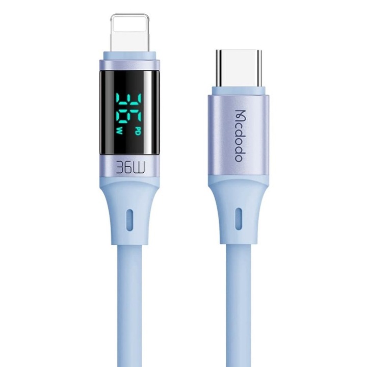 Kábel Mcdodo Type-C kompatibilis Lightning digitális kijelző szilikon gyorstöltés, 36 W, 1,2 m kék