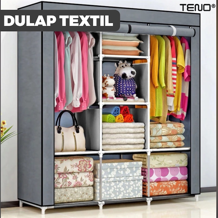 Гардероб от текстилен материал за дрехи и обувки Teno®, водоустойчив, 8 рафта, затваряне с цип, опора за закачалка, стоманена рамка, 170 см, сив