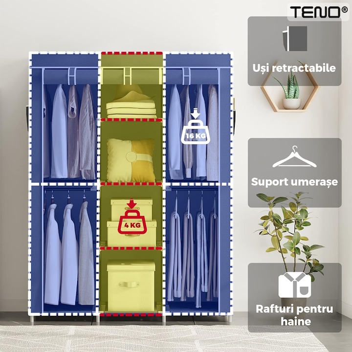 Гардероб от текстилен материал за дрехи и обувки Teno®, водоустойчив, 8 рафта, затваряне с цип, опора за закачалка, стоманена рамка, 170 см, сив