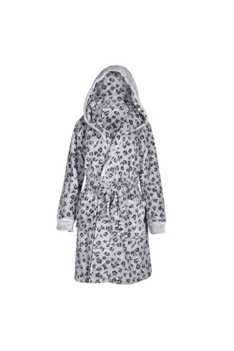 Halat Gri Pufos Model Leopard cu Gluga pentru Femei - One Size