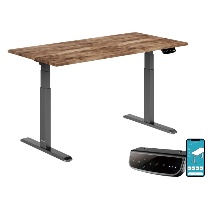 Birou reglabil electric StableDesk Pro, 2 motoare, Ridica 125 kg, Organizator cabluri, Touchscreen, Aplicatie Smart Telefon, Ergonomic, 3 Functii de Memorie, Sistem Anti-Coliziune, Timer, Inaltime 62-128 cm, Cadru Negru mat, Blat 25 mm Nuc - 150 x 75 cm
