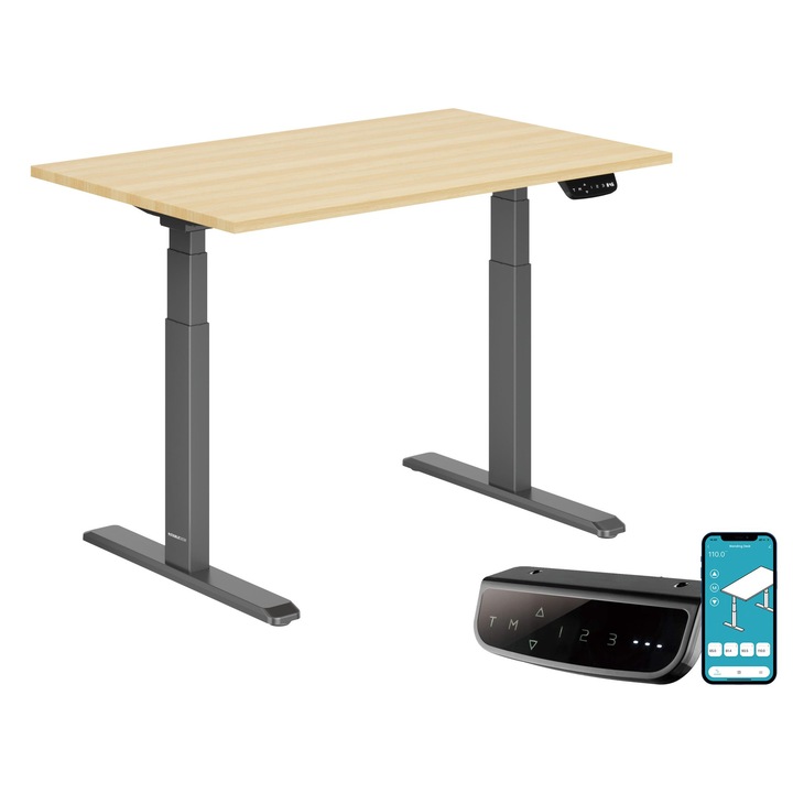 Birou reglabil electric StableDesk Pro, 2 motoare, Ridica 125 kg, Organizator cabluri, Touchscreen, Aplicatie Smart Telefon, Ergonomic, 3 Functii de Memorie, Sistem Anti-Coliziune, Timer, Inaltime 62-128 cm, Cadru Negru mat, Blat 25 mm Lemn - 120 x 75 cm