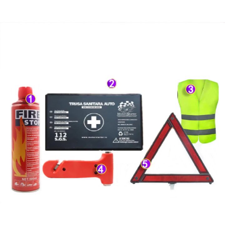 Kit de siguranta auto, 1 stingator cu manometru de 1 kg, 1 triunghi reflectorizant, 1 vesta reflectorizante, 1 ciocan de sticla, 1 punga de depozitare