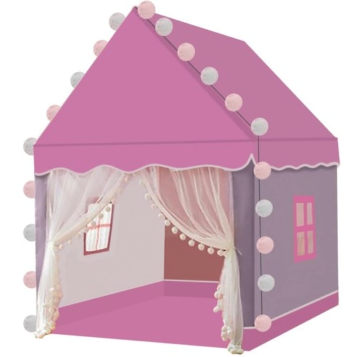 Cort de joaca pentru fetite cu lumini LED CLASStitude, tip casa, cu ferestre, interior / exterior, 130 x 100 x 115 cm, Roz