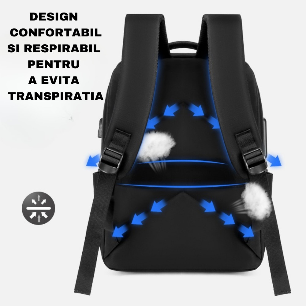 Rucsac Laptop 15.6” KUALIBO®, Multifunctional, 20-35 L, WATERPROOF, Port USB, Sistem Inchidere Antifurt, Materiale de Inalta Calitate, Design 3D Rezistent la Lovituri, Extraconfortabil, Distribuie Greutatea Uniform, Curea Atasare Pe Troler