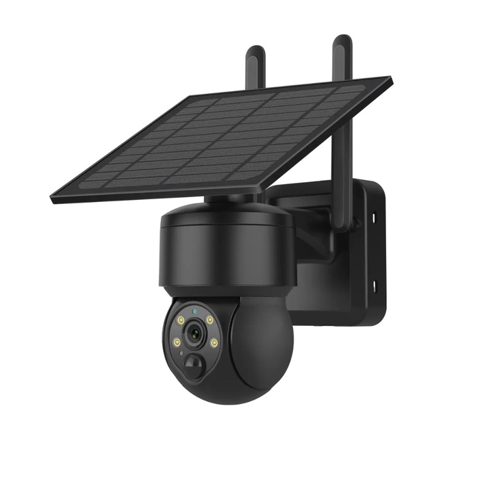 Fekete 5mp-es térfigyelő kamera 4G napelemes töltéssel, esőtöltéssel, forgatással az alkalmazásból, IP 66 vízállósággal