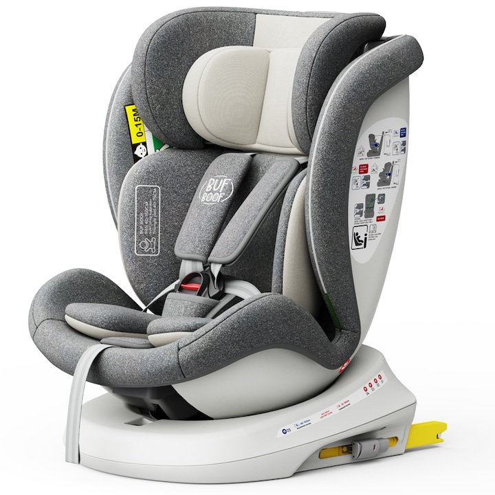 Scaun auto Tweety Plus iSize Buf Boof CreamGrey cu isofix Rotativ 360 grade Pozitie Somn Top Tether 0-36 kg 40-150 cm