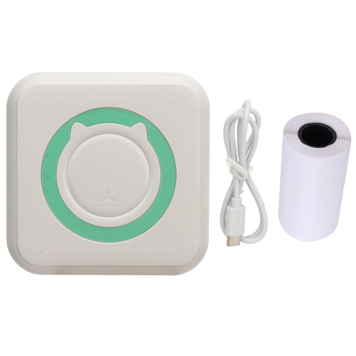 Мини термопринтер с Bluetooth, Zola, включена хартиена ролка, USB зареждане, 8 x 8 x 4 cm, бял със зелено