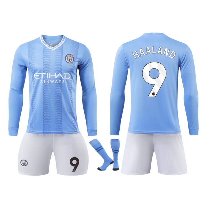 Echipament sportiv copii Man City Haaland Maneci Lungi Fotbal Jerseys, Albastru