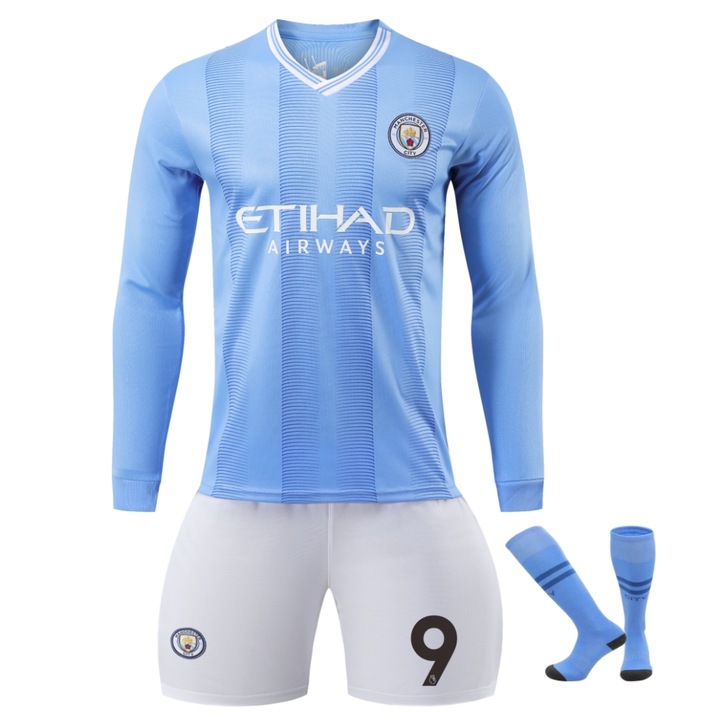 Детска спортна екипировка Man City Haaland Футболни фланелки с дълги ръкави, Син