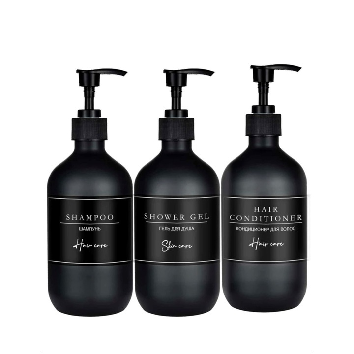 Set 3 recipienti tip dispenser, pentru sampon, balsam si gel de dus, 500 ml, culoare negru