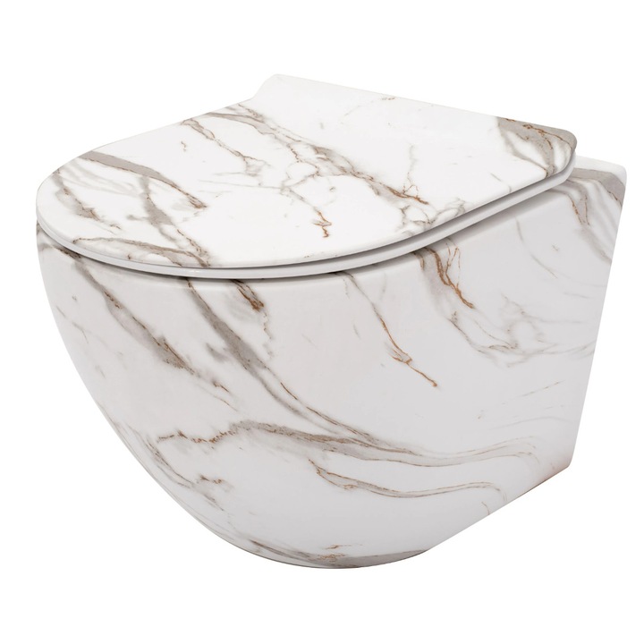 Vas Wc, finisaj marmura, Rimless, 49x36 cm, montaj suspendat, capac Duroplast, ceramica sanitara, Ben