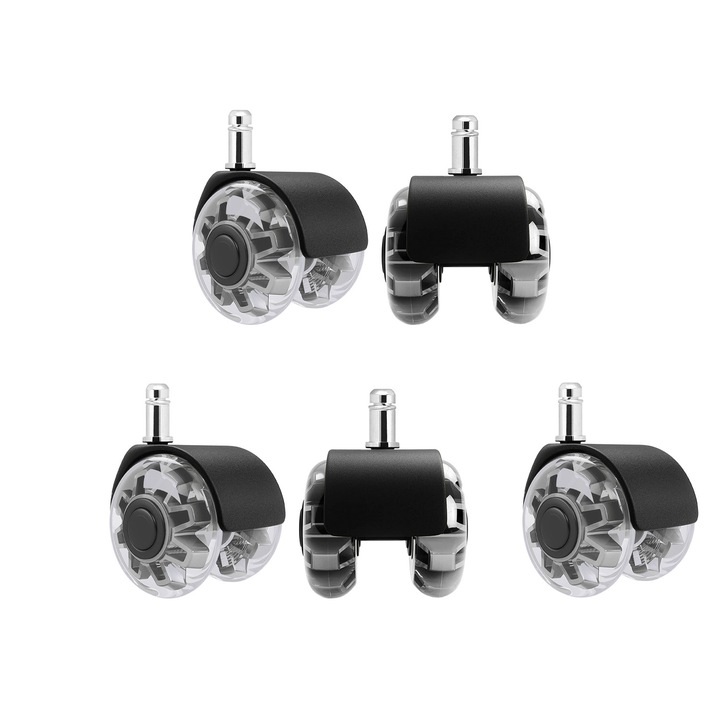 Set de 5 roti pentru scaun birou, Vaxiuja, Diametru tija 10mm, diametru 50mm, Anti-alunecare, Miscare silentioasa, Rotatie 360°, Poliuretan, Negru/Gri