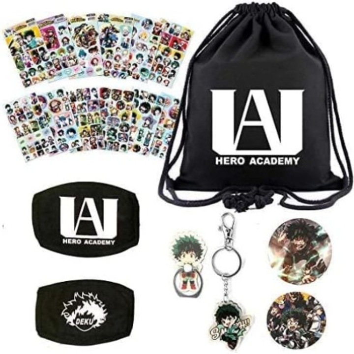 My Hero Academia készlet - 1 hátizsák, 12 matricalap, 2 kitűző, 1 mobiltelefon gyűrű, 1 kulcstartó