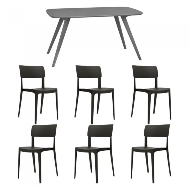 Set mobila bucatarie/sufragerie RAKI, masa gri 140x80xh75cm Keatley MDF/metal si 6 scaune polipropilena Pano 46x51xh82cm negre