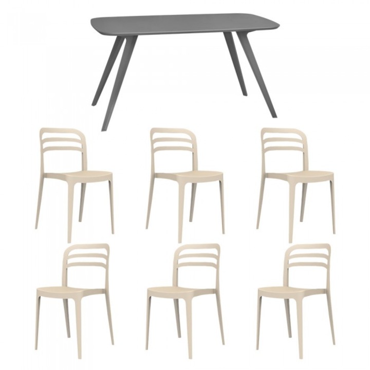 Set mobila bucatarie/sufragerie RAKI, masa gri 140x80xh75cm Keatley MDF/metal si 6 scaune polipropilena Aspen 46x51xh82cm bej