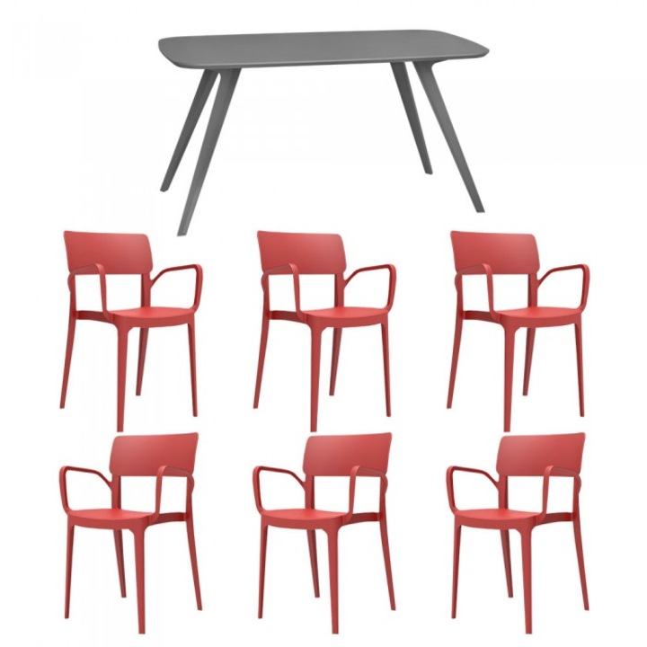 Set mobila bucatarie/sufragerie RAKI, masa gri 140x80xh75cm Keatley MDF/metal si 6 scaune polipropilena Panora 54x51xh82cm rosii