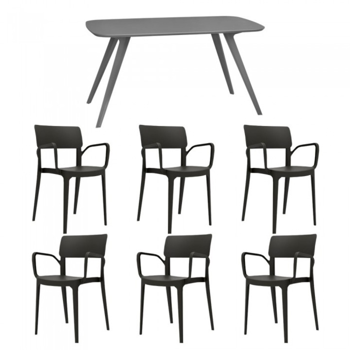 Set mobila bucatarie/sufragerie RAKI, masa gri 140x80xh75cm Keatley MDF/metal si 6 scaune polipropilena Panora 54x51xh82cm negre