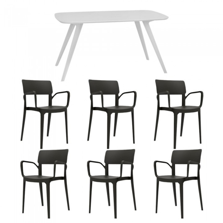 Set mobila bucatarie/sufragerie RAKI, masa alba 140x80xh75cm Keatley MDF/metal si 6 scaune polipropilena Panora 54x51xh82cm negre