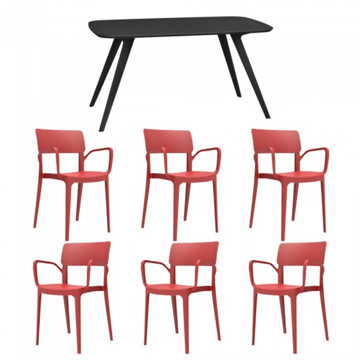 Set mobila bucatarie/sufragerie RAKI, masa neagra 140x80xh75cm Keatley MDF/metal si 6 scaune polipropilena Panora 54x51xh82cm rosii