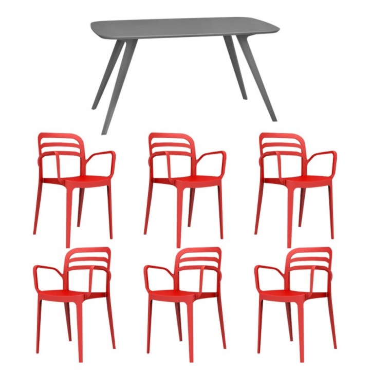 Set mobila bucatarie/sufragerie RAKI, masa gri 140x80xh75cm Keatley MDF/metal si 6 scaune polipropilena Aspendos 54x51xh82cm rosii