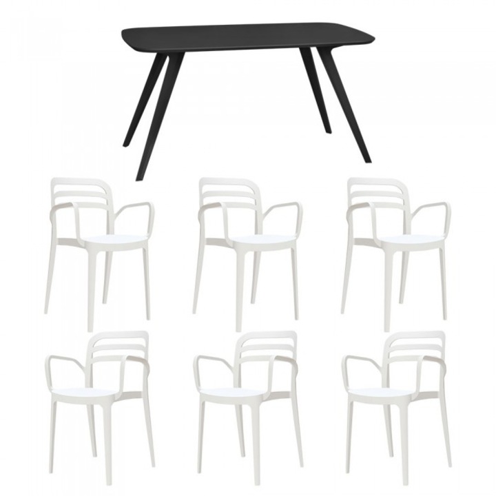 Set mobila bucatarie/sufragerie RAKI, masa neagra 140x80xh75cm Keatley MDF/metal si 6 scaune polipropilena Aspendos 54x51xh82cm albe