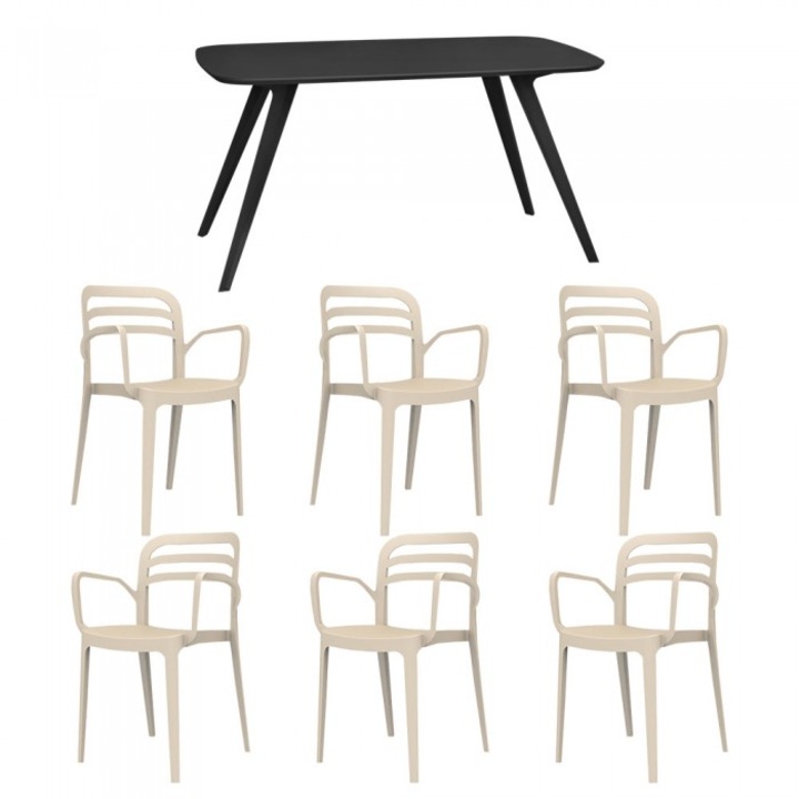 Set mobila bucatarie/sufragerie RAKI, masa neagra 140x80xh75cm Keatley MDF/metal si 6 scaune polipropilena Aspendos 54x51xh82cm bej