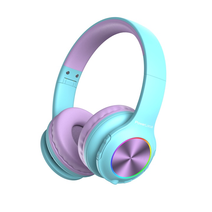 Детски безжични слушалки PowerLocus Pled, Ограничена сила на звука 74/85/94dB, Bluetooth 5.3, HiFi, LED светлини, Калъф за съхранение, Mint