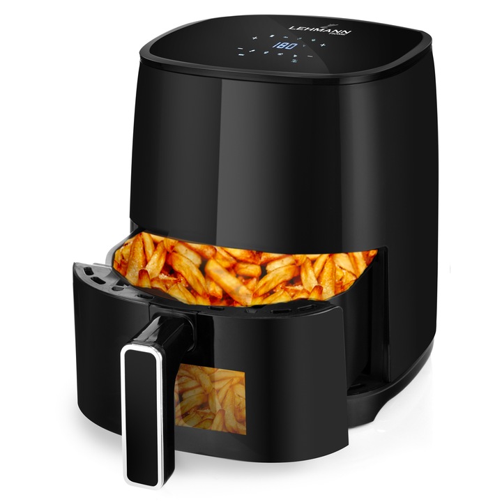 Friteuza cu aer cald, fara ulei, Lehmann Mace, Airfryer 1400W, 3.5L, Ecran digital, iluminat interior, 8 functii de gatire presetate, 25x34x31cm, 3.25kg, Negru