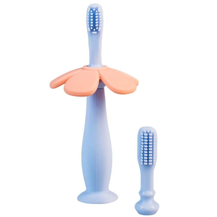 Силиконова бебешка четка за зъби Babysnugg с 2 глави и вендуза, без BPA, PVC, латекс и фталати - синя