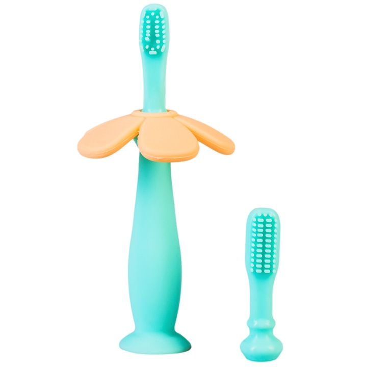 Силиконова бебешка четка за зъби Babysnugg с 2 глави и вендуза, без BPA, PVC, латекс и фталати - тюркоаз