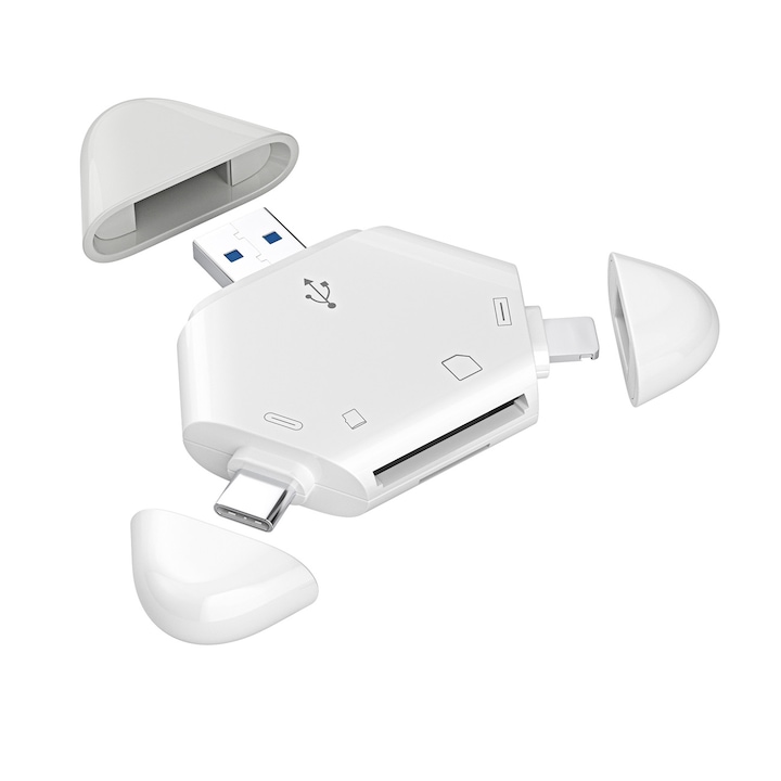 Cititor de carduri, SD/SDHC/TF/Mini SDHC, USB 2.0, Capac magnetic de aspirare, Multifunctional 4 in 1, Compatibil cu computere/Android/iOS, PC, Vaxiuja, Alb