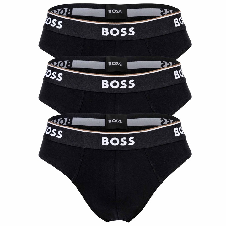 BOSS, Set de chiloti cu banda logo in talie - 3 perechi, Negru