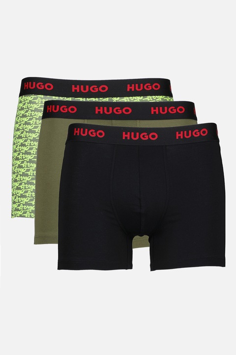 HUGO, Set de boxeri cu banda logo in talie - 3 perechi, Negru/Verde lime/Verde sparanghel