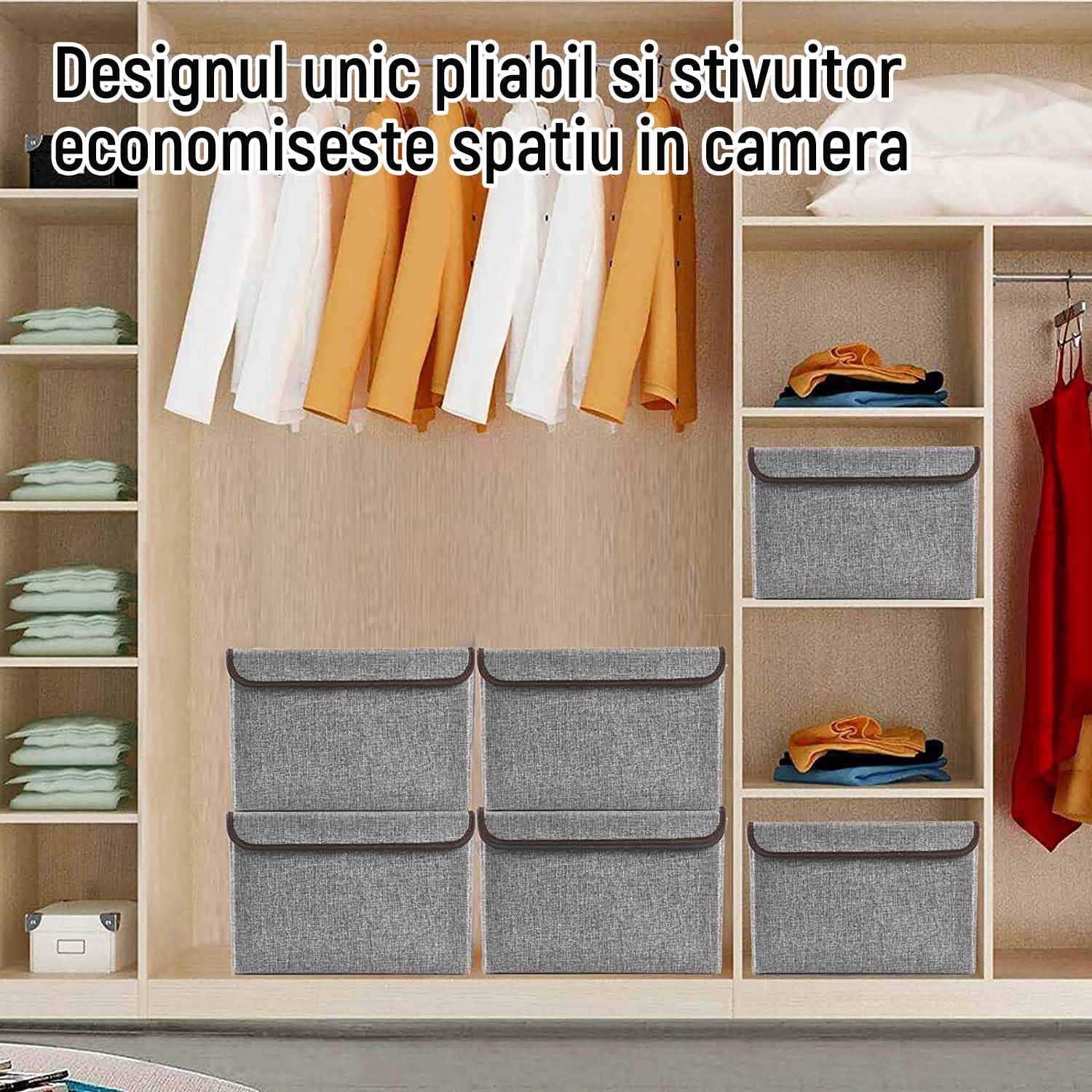 Set 4 cutii depozitare, Amtok, Panza, Cu capac, Gri - eMAG.ro