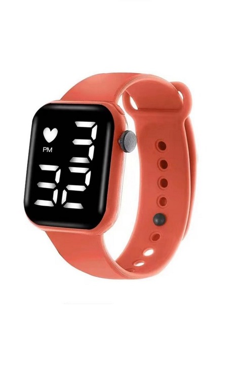 Ceas unisex Electro cu cadran afisaj electronic si curea din silicon portocalie, lungime ajustabila