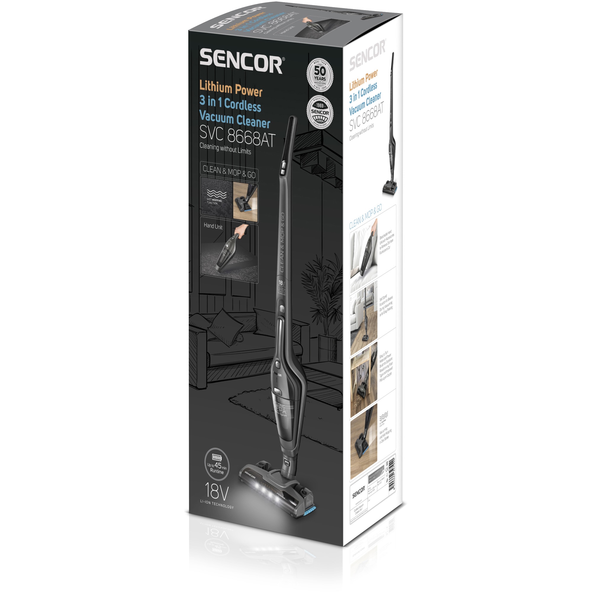 Aspirator fara fir, Sencor, SVC 8668AT, Rezervor 0.5l, Timp de functionare 45 min, 2 nivele, Functie MOP, HEPA