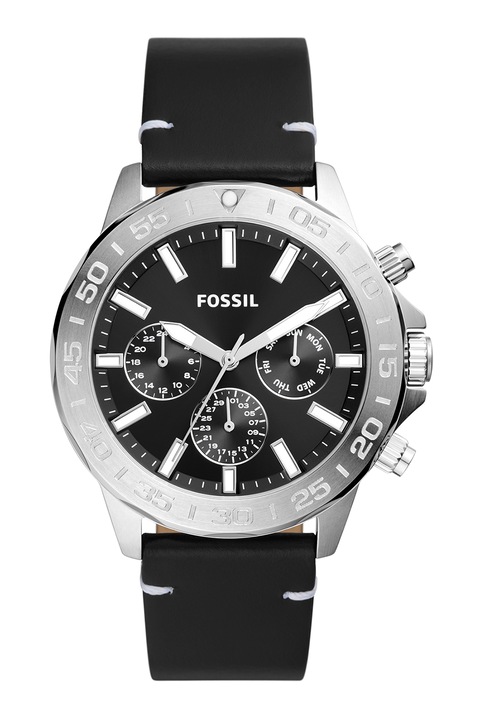 Fossil, Мултифункционален часовник с кожена каишка, Сребрист, Черен