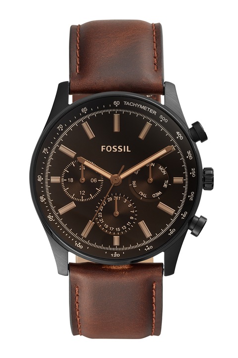 Fossil, Мултифункционален часовник с кожена каишка, Кафяв, Черен