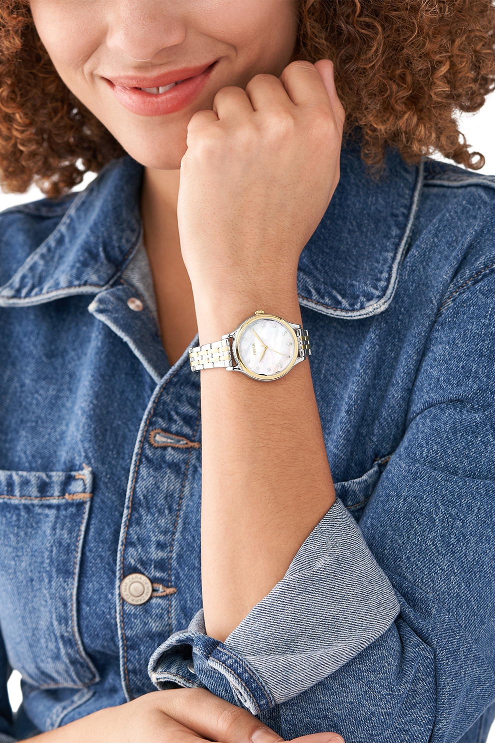 Fossil, Двуцветен часовник със седефен циферблат, Сребрист, Златист ...