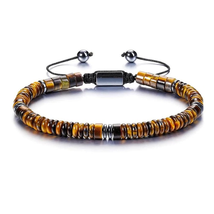 Bratara din pietre semipretioase, tiger eye si hematit, pietre cu efect vindecator si stare de bine, marime reglabila pe snur, realizat manual, Tessero, maro