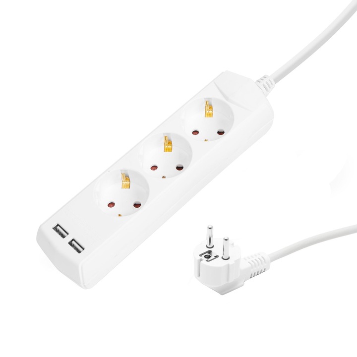 Prelungitor Delight 20201U, 2xUSB 2.1A 5V, 3 prize, protectie copii, cablu H05VV-F3x1.5 mm², cordon 1.5m, Alb