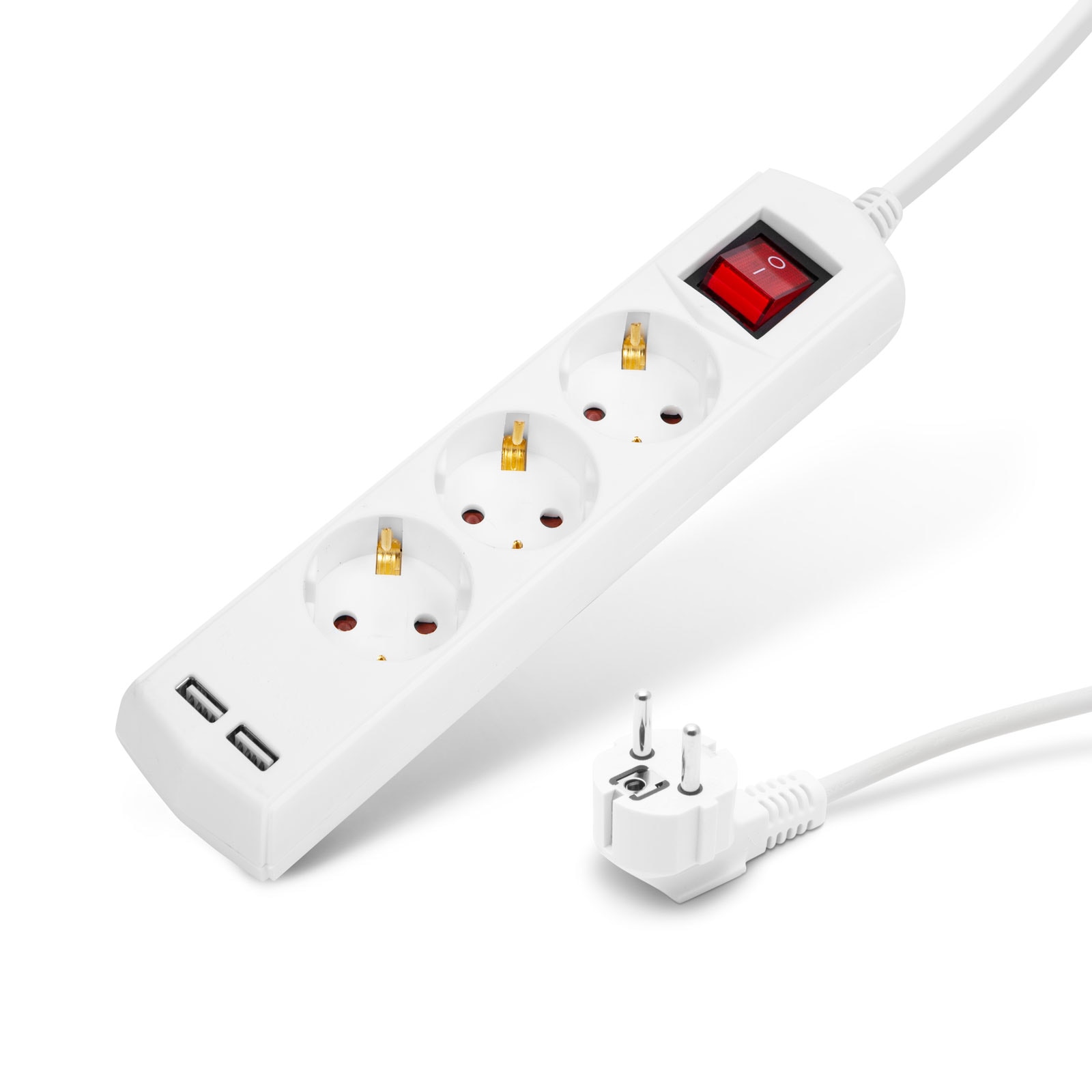 Prelungitor Delight 20221U, cu intrerupator, 2xUSB 2.1A 5V, 3 prize, protectie copii, cablu H05VV-F3x1.5 mm², cordon 1.5m, Alb