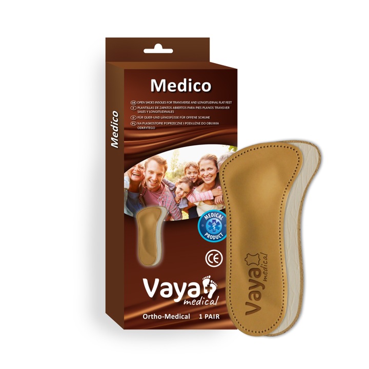 Branturi ortopedice tip 3/4 pentru picioare plate longitudinale si transversale cu amortizare a calcaiului, 1 pereche, Vaya Medical, Piele naturala, Bej, 41-43 EU