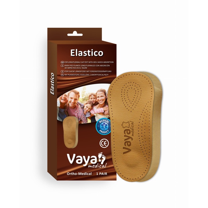 Branturi ortopedice tip 3/4 pentru picioare plate, longitudinale supinate cu amortizare la calcai, 1 pereche, Vaya Medical, Piele naturala, Bej, 38 EU